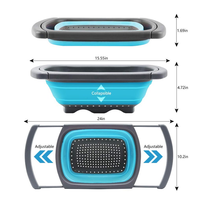 QiMH Collapsible Colander Set of 3-2 PC 4 Quart and 1 PC 6 Quart Over the Sink Colander - Food-Grade Sturdy Plastic Base - Round Space-save Silicone Kitchen Foldable Food Strainer - Image 3